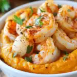 Juicy shrimp with seasoning and fresh herbs served over creamy mashed sweet potato. Perfect for a flavorful seafood dish.
