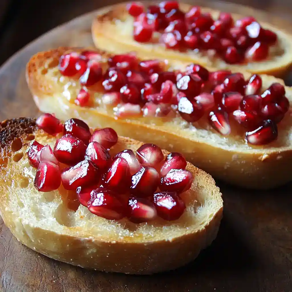 Juicy pomegranate seeds on toasted baguette slices, served as a fresh appetizer or snack. Perfect for healthy eating, flavorful, and visually appealing. Ideal for parties or casual gatherings.
