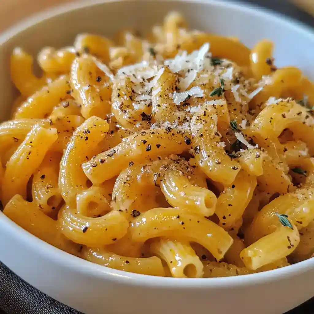 Creamy lemon pepper pasta with grated cheese and herbs in a white bowl, perfect for easy weeknight dinners.