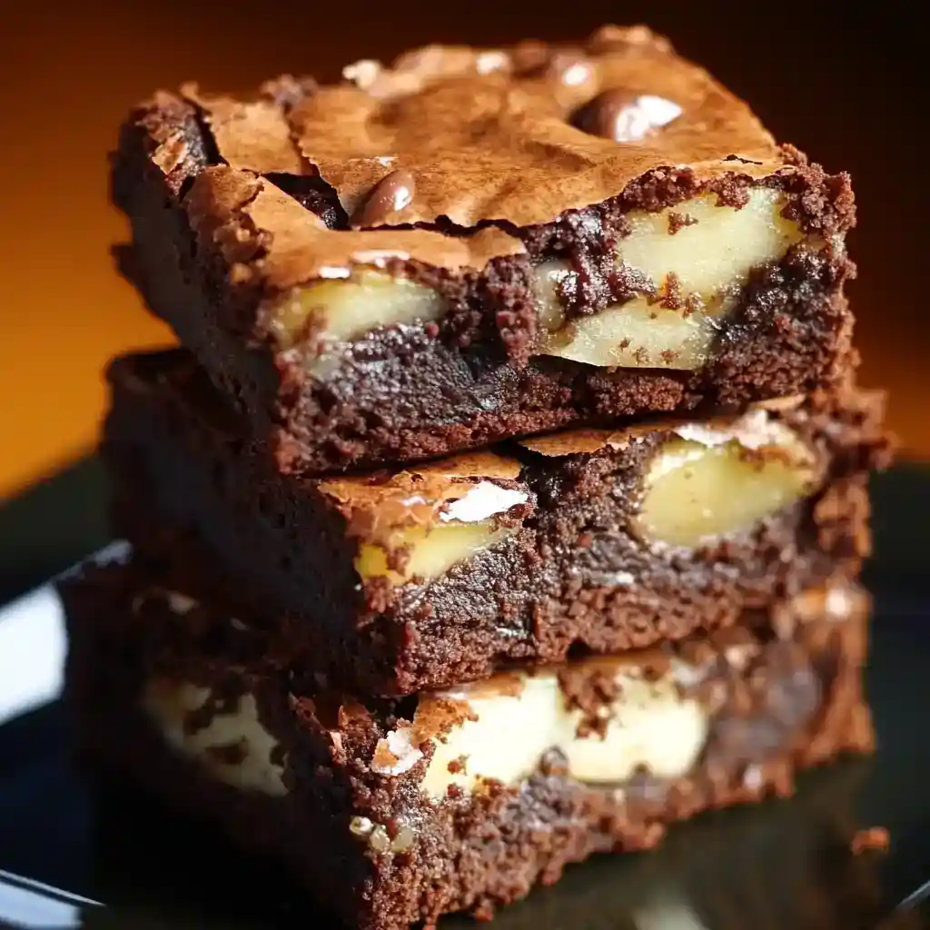 Rich chocolate brownies with creamy white filling and chocolate chips, stacked for a delicious treat, perfect for dessert or snack at home or parties.
