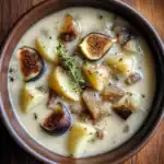 Creamy potato and fig stew served in a rustic bowl with fresh thyme garnish.