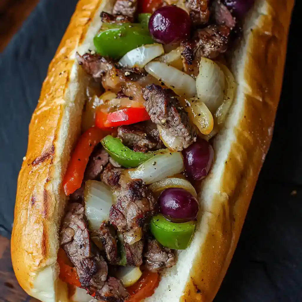 Savory steak and vegetable sub sandwich with fresh peppers and onions in a toasted hoagie bun, perfect for quick lunch or dinner recipes.
