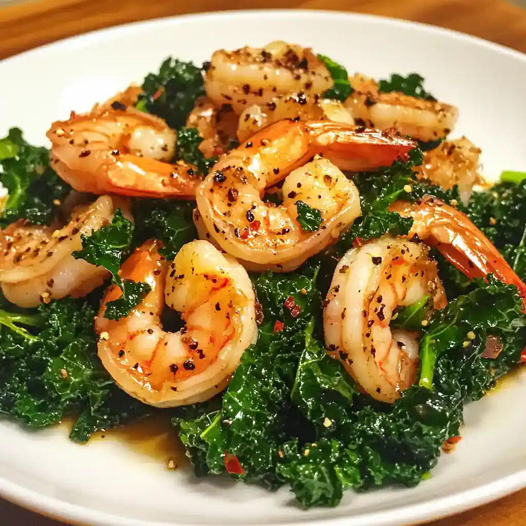Juicy sautéed shrimp with garlic and spices served over fresh kale salad, garnished with red pepper flakes and lemon for a flavorful seafood dish.