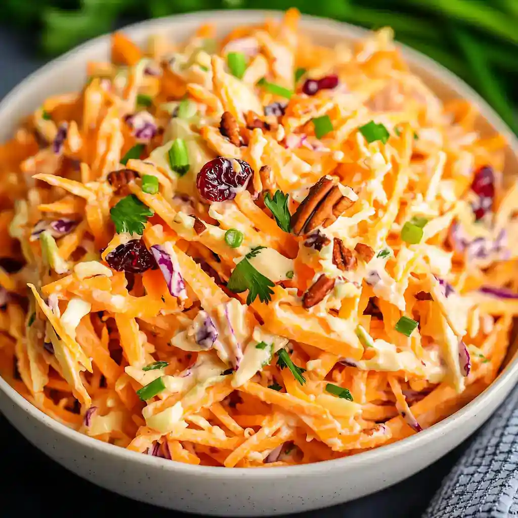 Crispy carrot slaw with dried cranberries and chopped pecans in a creamy dressing, perfect for healthy side dishes or picnic recipes.