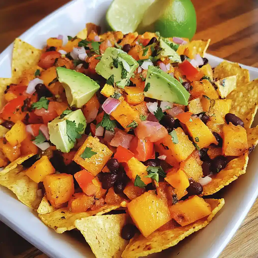 Corn, black bean, and roasted vegetable nachos with avocado and lime on a white plate in a close-up shot.
