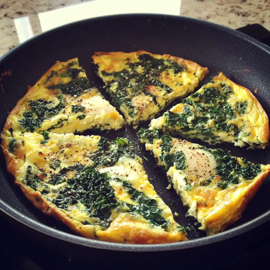 Savoury spinach and cheese frittata cooked in a skillet, perfect for breakfast or brunch, featuring fresh spinach, eggs, and cheese.