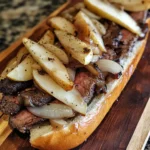 Sizzling steak sandwich with grilled onions and pears on a fresh hoagie bread, close-up shot, savory dish, delicious comfort food, homemade beef sandwich, station recipes.
