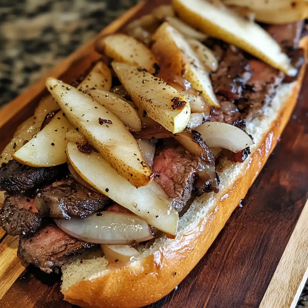Sizzling steak sandwich with grilled onions and pears on a fresh hoagie bread, close-up shot, savory dish, delicious comfort food, homemade beef sandwich, station recipes.
