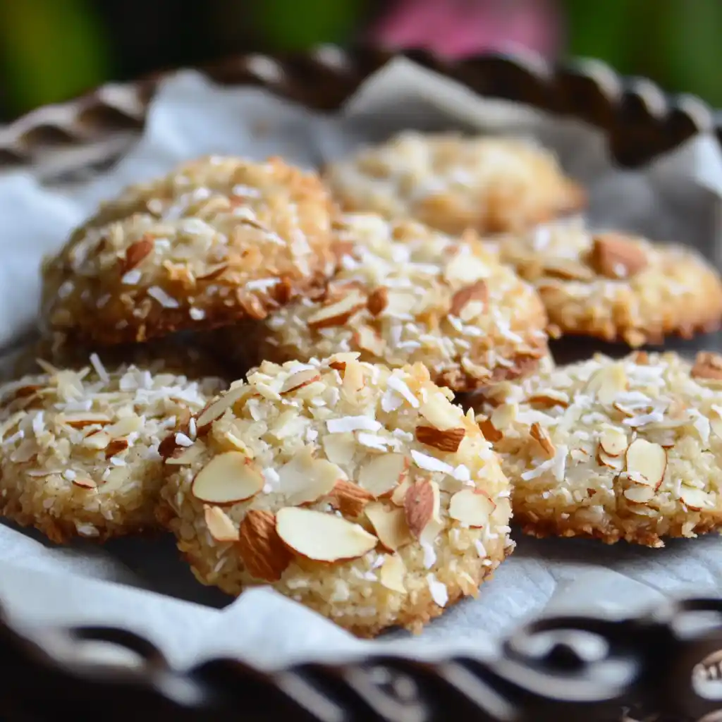Buttery almond coconut cookies on parchment paper in a woven basket.