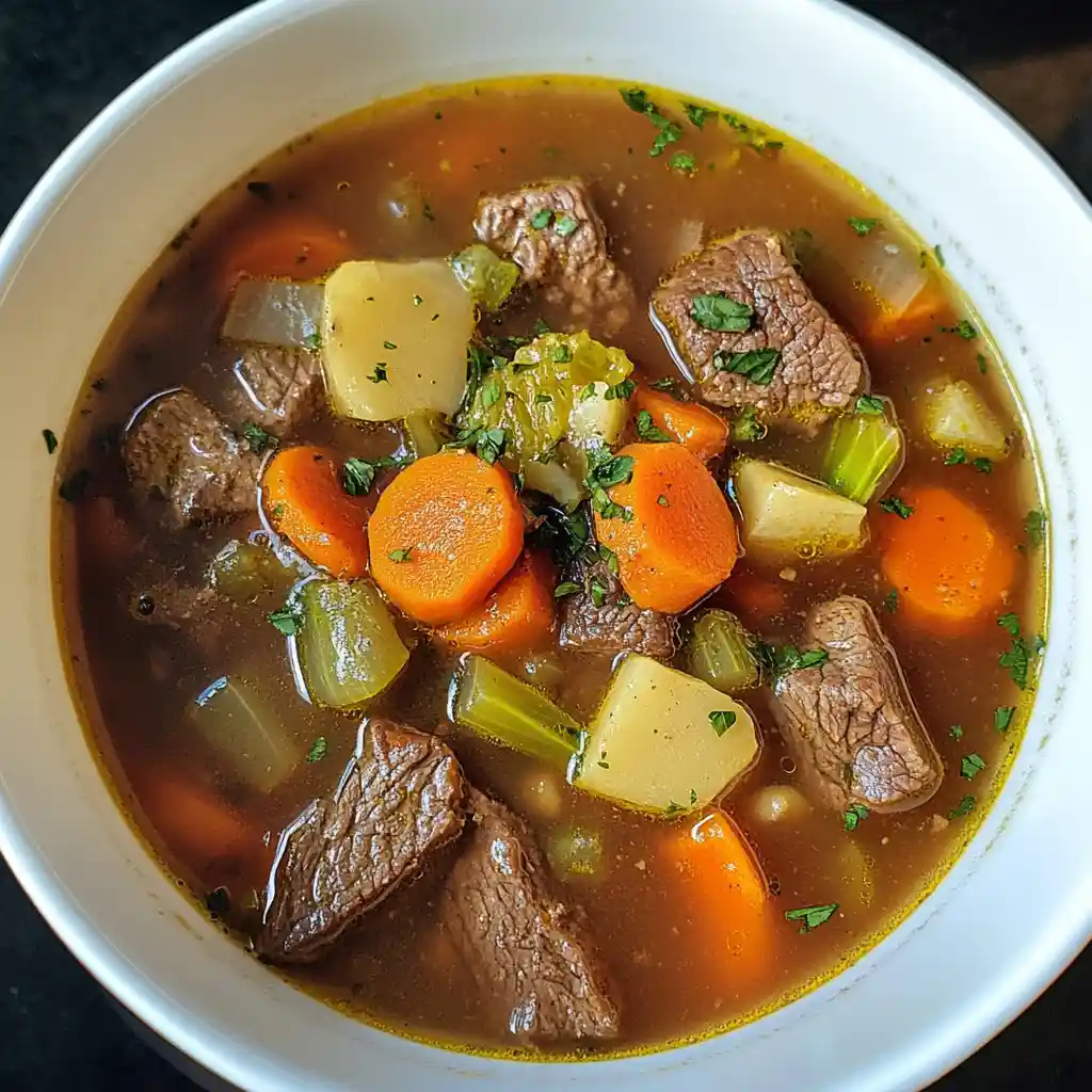 Hearty beef stew with tender meat, carrots, potatoes, and celery in a savory broth, perfect for comfort food and meal prep.