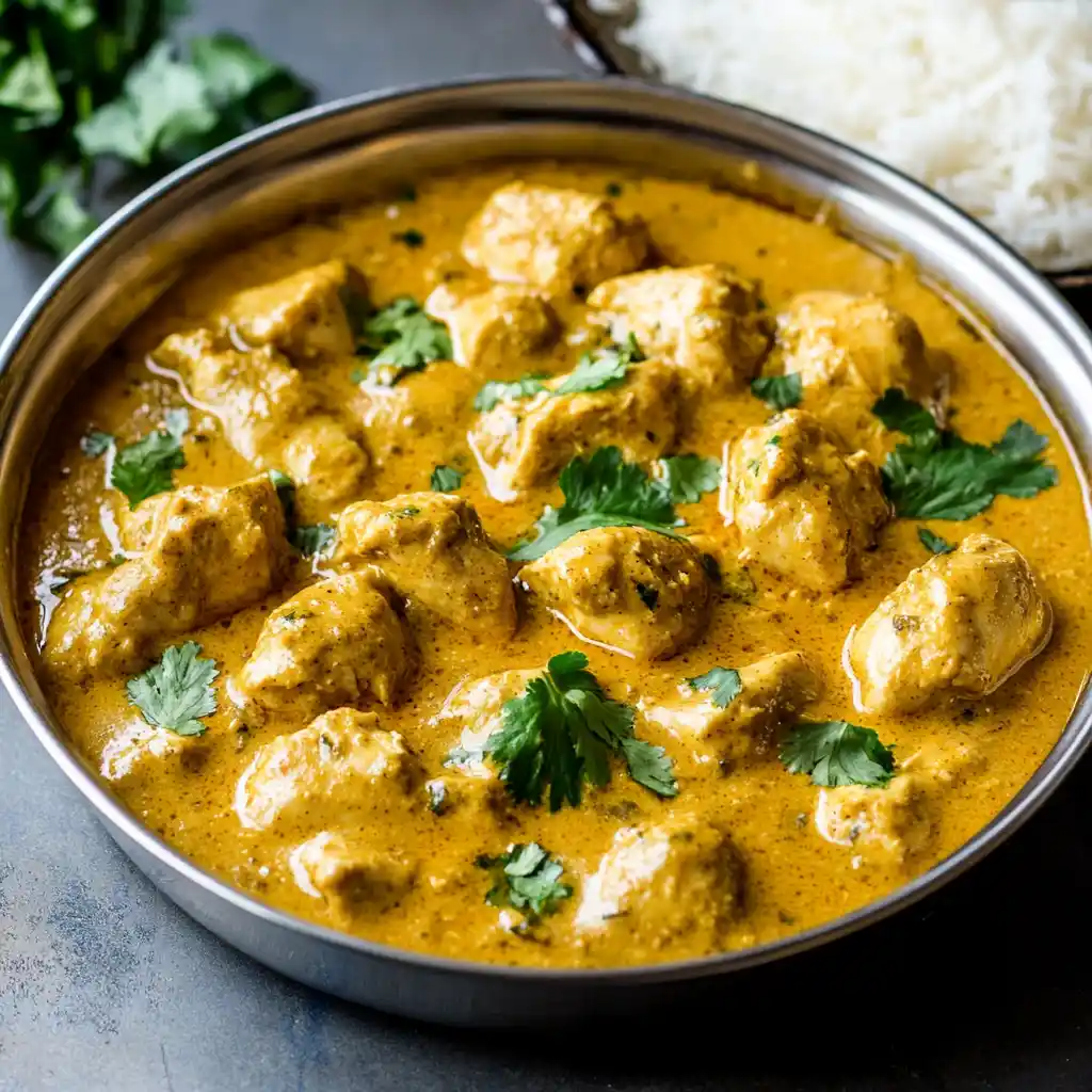 Rich chicken curry in a stainless steel bowl garnished with fresh cilantro, showcasing flavorful Indian-inspired cuisine perfect for dinner or meal prep.