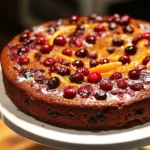 Freshly baked cherry chocolate cake with berries and citrus zest on top, perfect for dessert or special occasions.