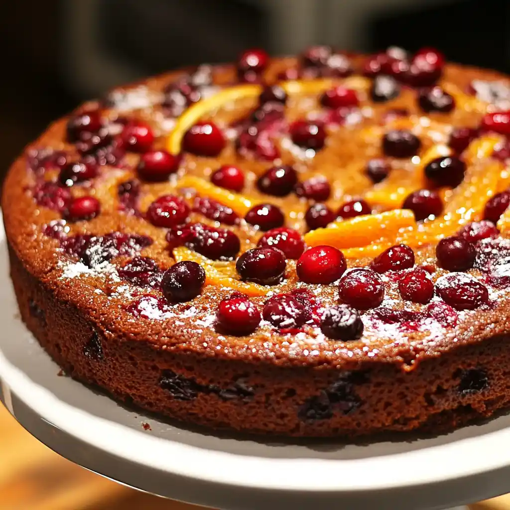 Freshly baked cherry chocolate cake with berries and citrus zest on top, perfect for dessert or special occasions.