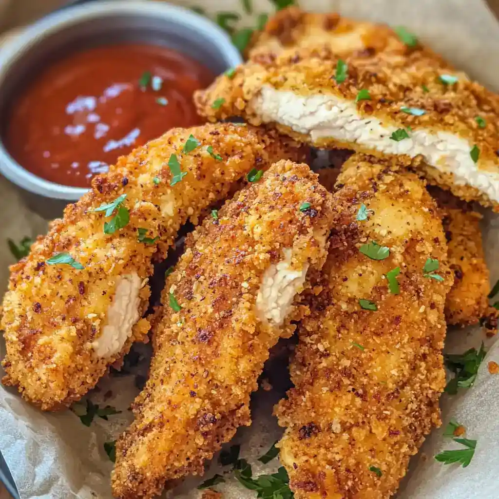 Crispy fried chicken tenders with golden breading served with a side of marinara dipping sauce, garnished with chopped parsley, perfect for a delicious quick meal or snack.