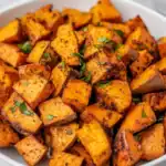Sweet Potato Fries with Crispy Edges and Green Herb Garnish.