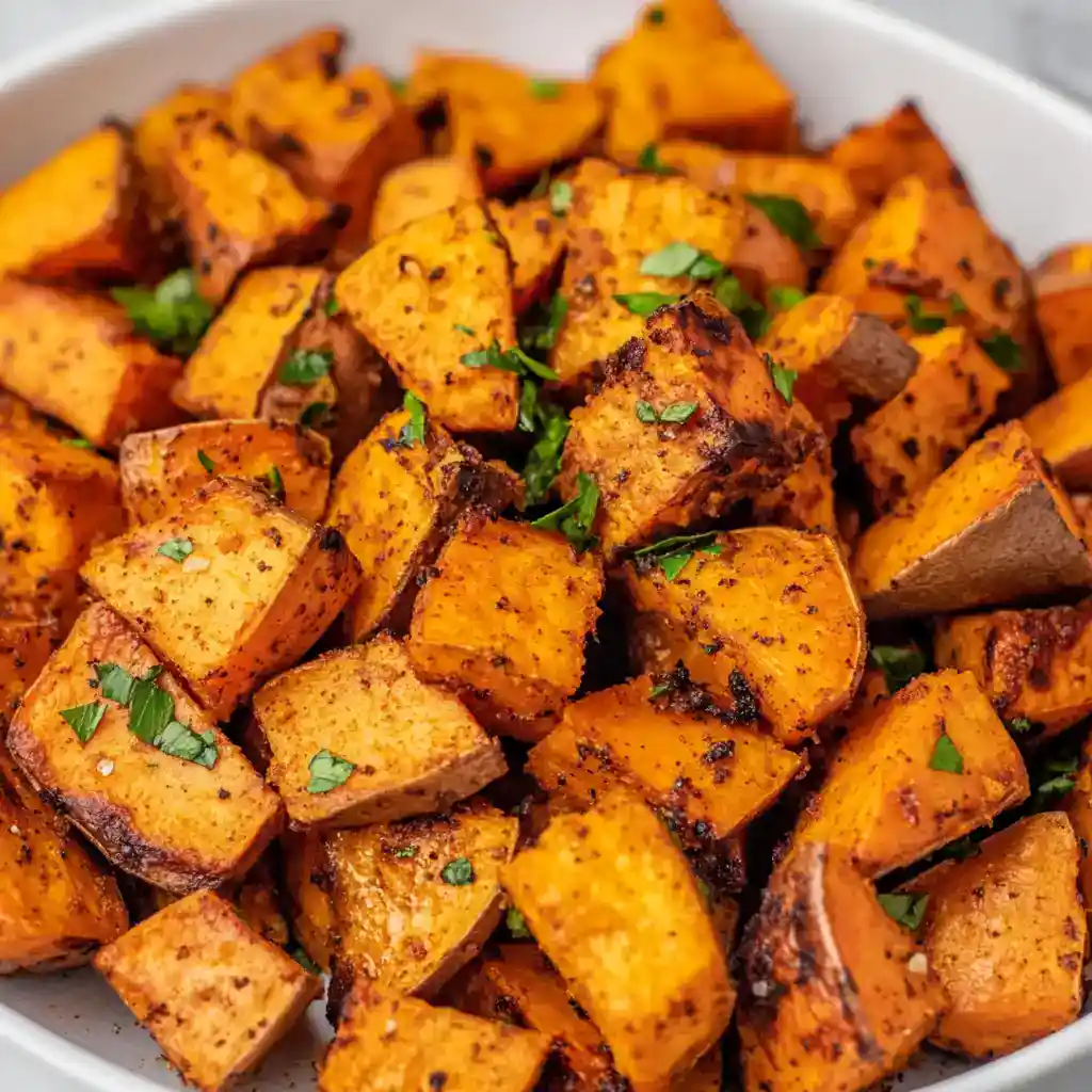 Sweet Potato Fries with Crispy Edges and Green Herb Garnish.