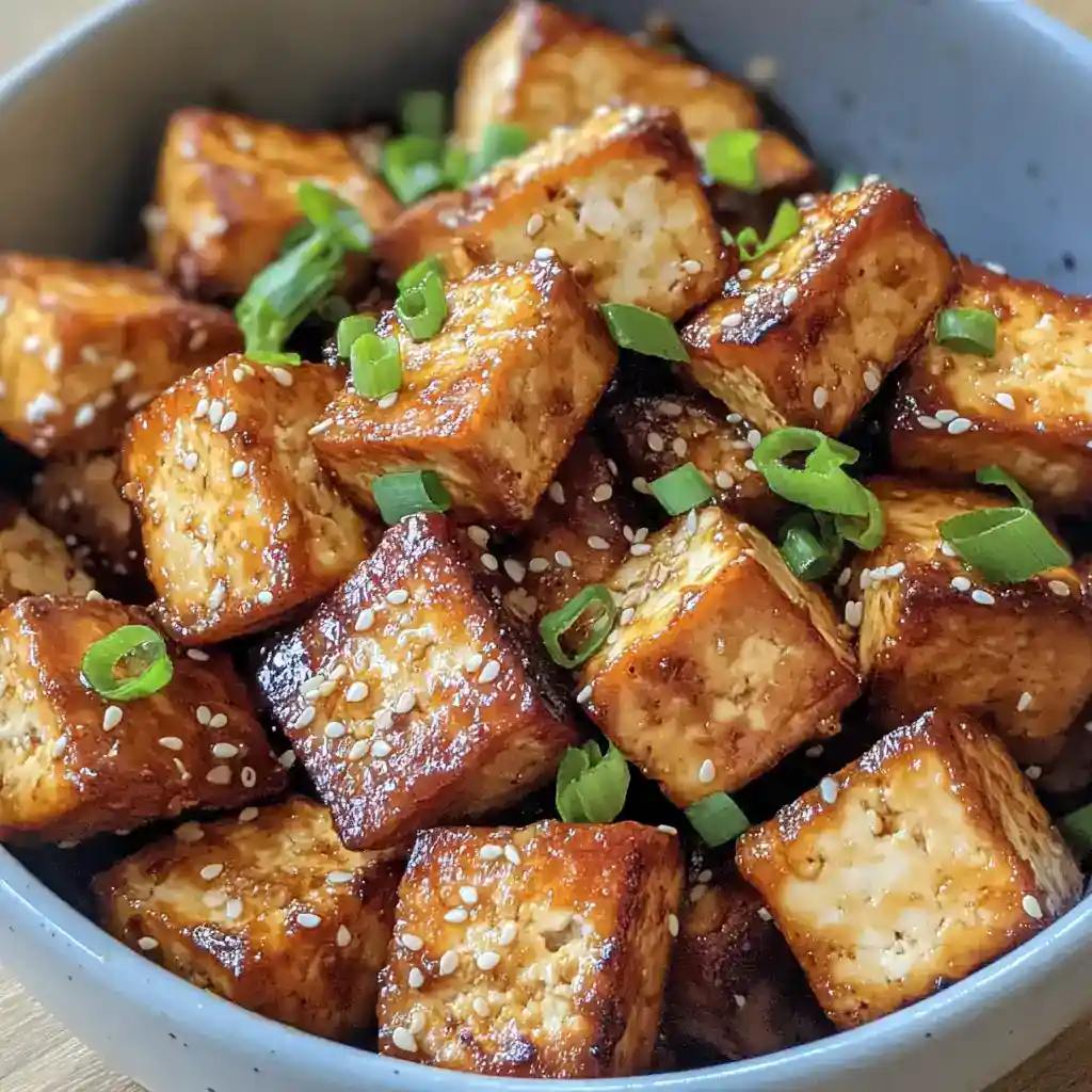 Crispy baked tofu cubes glazed with soy sauce and sesame seeds, garnished with chopped green onions, perfect for healthy vegetarian or vegan recipes.
