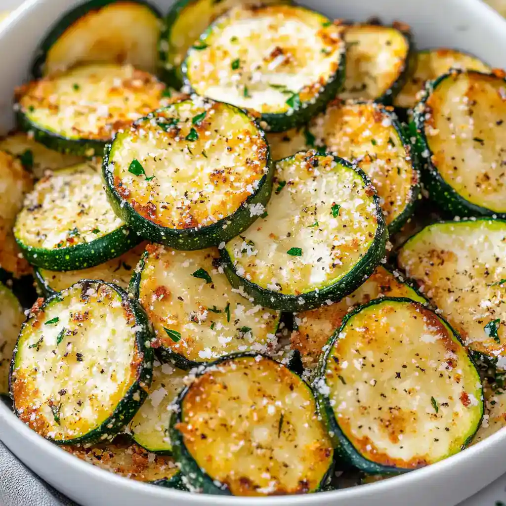 Zucchini fritters with crispy Parmesan topping, fresh herbs, and seasoned bread crumbs in a white ceramic bowl – a healthy and delicious zucchini recipe from Station Recipes.