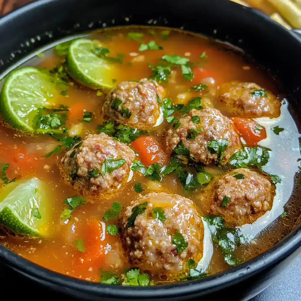 Savory Mexican meatball soup with lime wedges, cilantro, and vegetables in broth, traditional dish from Station Recipes.