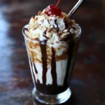 Decadent brownie sundae with whipped cream, chocolate sauce, chopped almonds, and cherry on top in a tall glass. Perfect dessert for chocolate lovers.