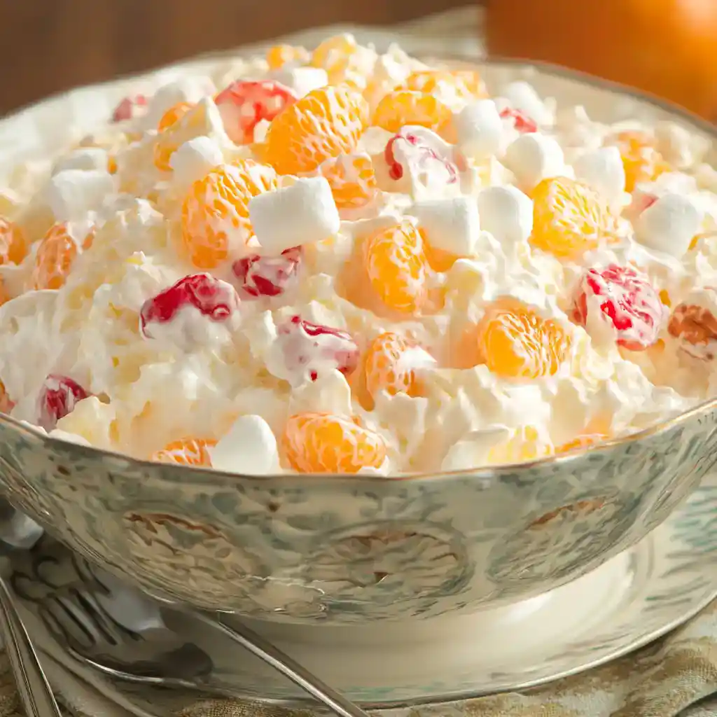 Fresh fruit cottage cheese salad with mandarin oranges, strawberries, and mini marshmallows in a decorative bowl, served as a healthy dessert or snack.
