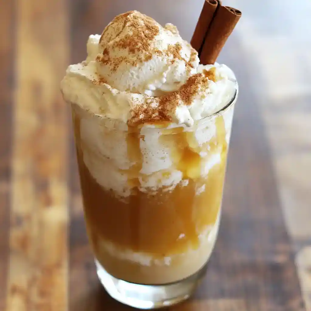 Rich caramel and vanilla ice cream float topped with whipped cream, cinnamon, and a cinnamon stick on a wooden surface. Perfect for dessert or a sweet treat.