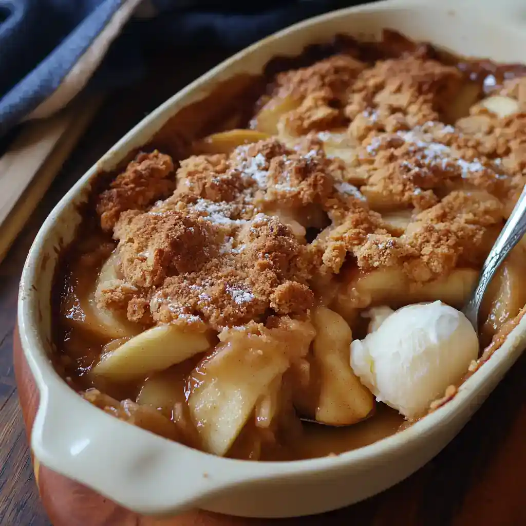 Buttered apple crisp with crumbly topping served in a baking dish, topped with vanilla ice cream. Perfect for autumn desserts and apple season. Garnished with powdered sugar.