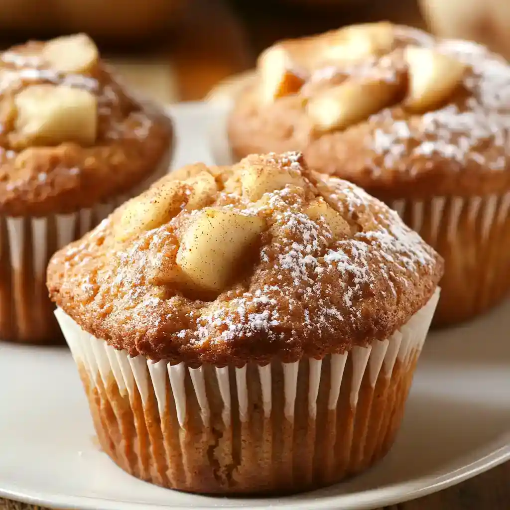 Golden apple cinnamon muffins with powdered sugar and fresh apple topping, freshly baked and perfect for breakfast or dessert.