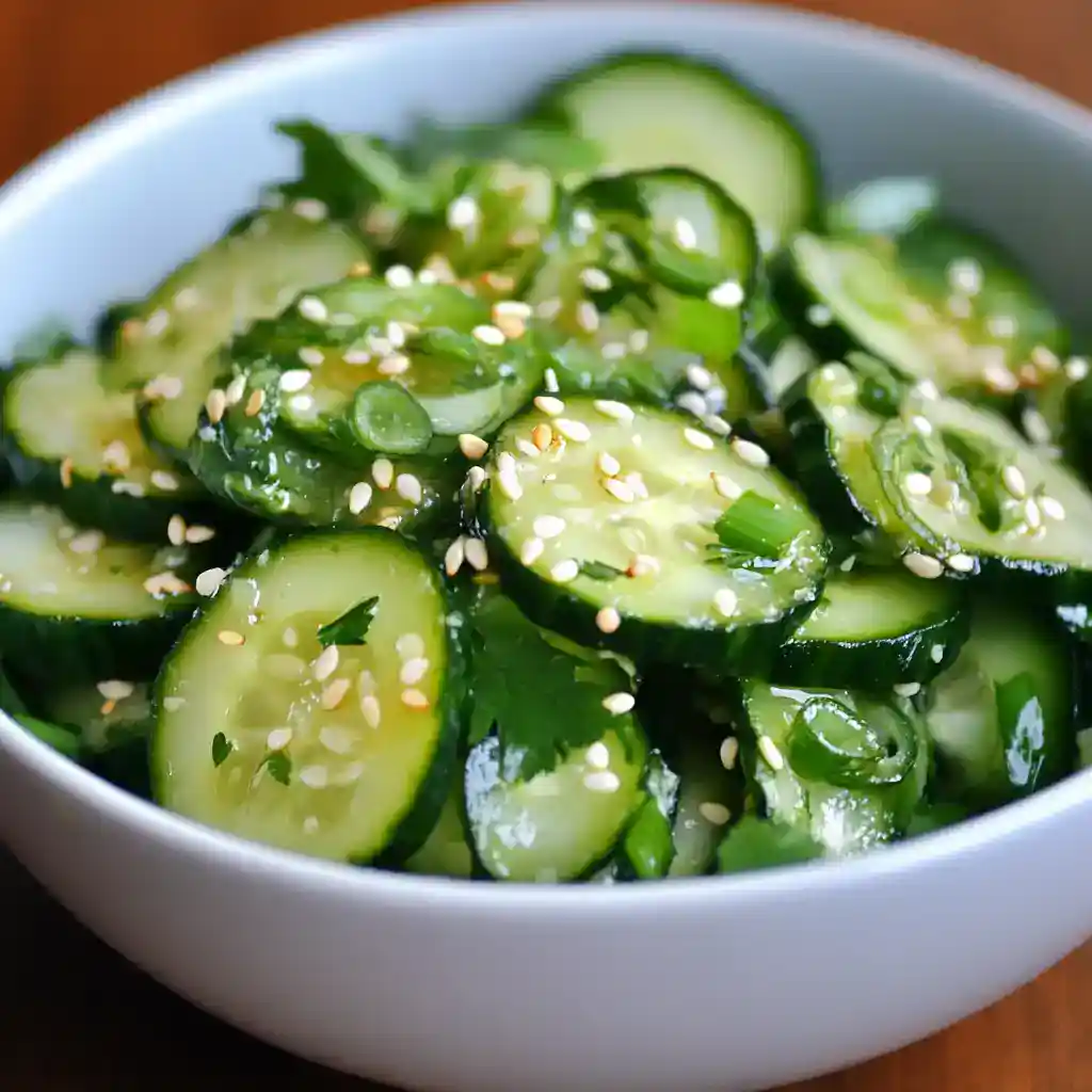Cucumber salad with sesame seeds, chopped green onions, and fresh parsley in a white bowl, made with sliced cucumbers and light seasoning, ideal for healthy side dishes and summer recipes.