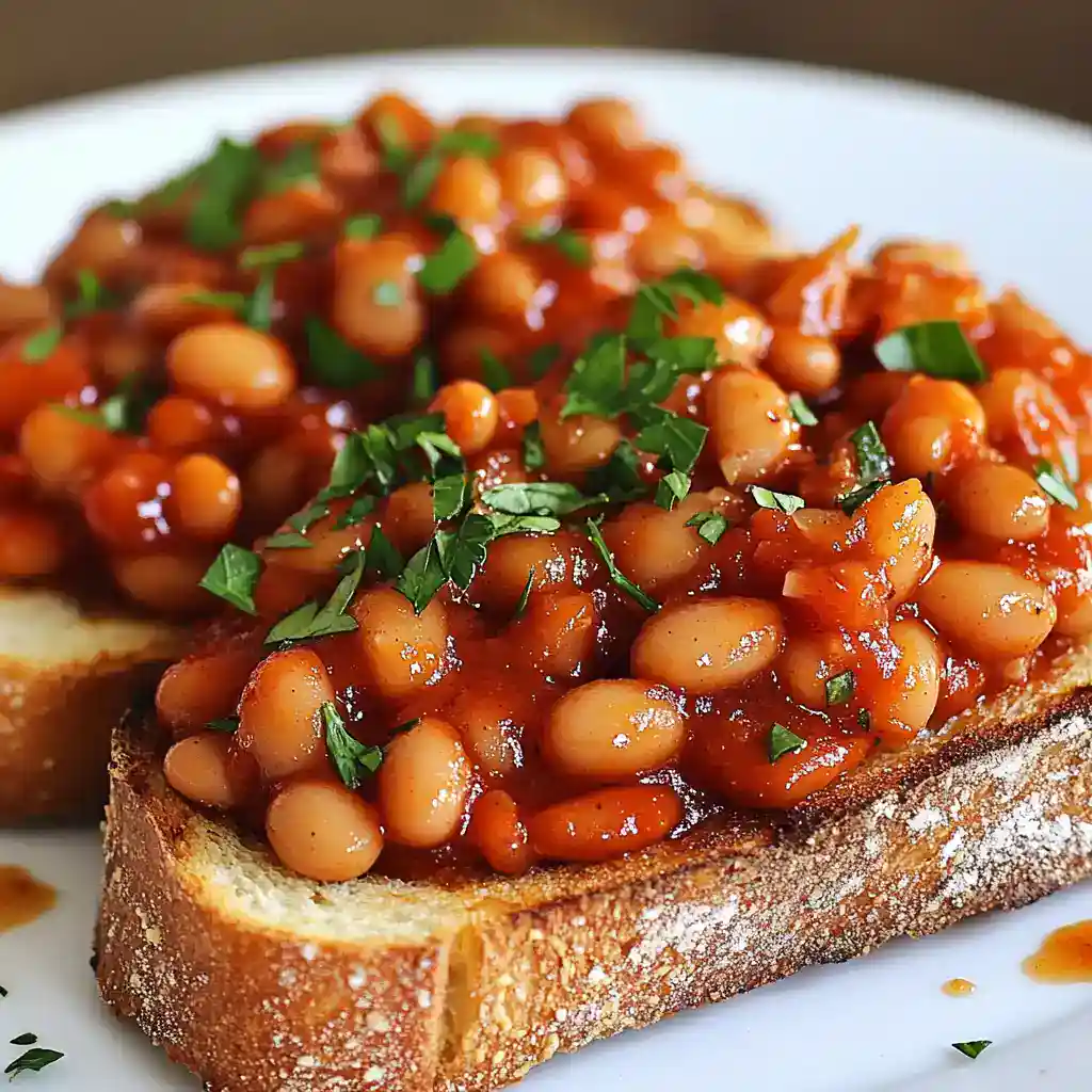 Creamy baked beans on toasted bread with chopped herbs for a hearty breakfast or snack, featuring delicious, savory flavor and perfect for quick meal ideas.