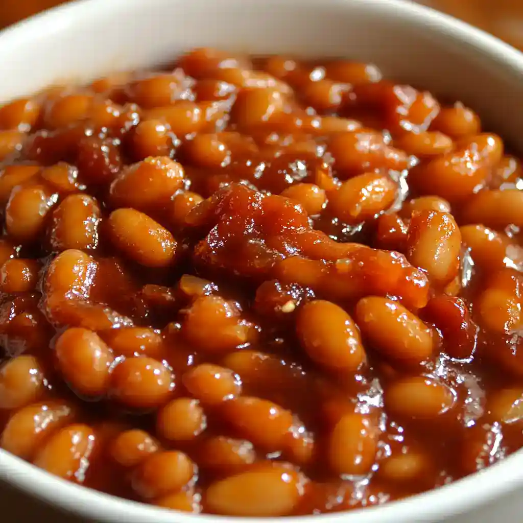 Baked beans in tomato sauce close-up, delicious seasoned baked beans, classic comfort food, hearty and flavorful baked beans recipe, station recipes.