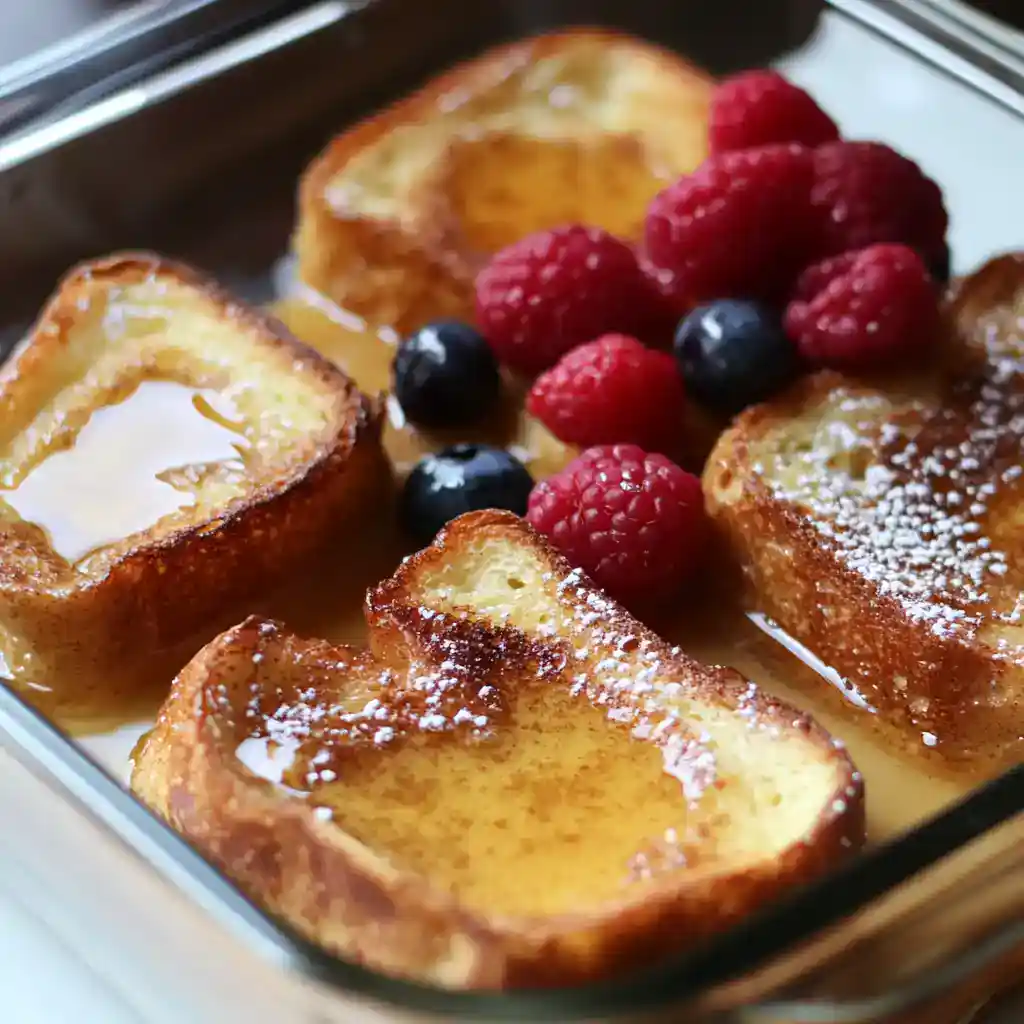 Fresh French toast topped with berries and powdered sugar, served with syrup, perfect for breakfast or brunch.