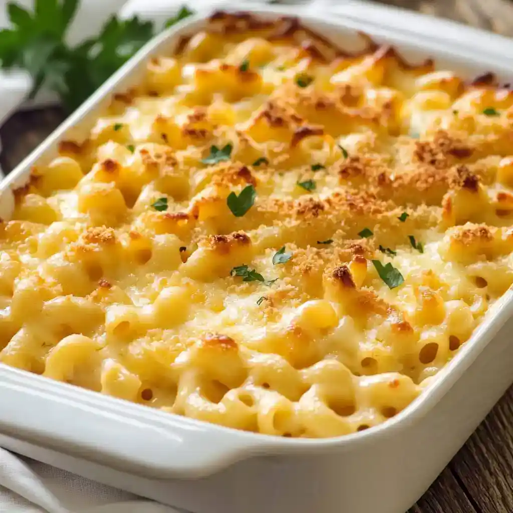Creamy baked macaroni and cheese casserole with crispy topping and fresh herbs for comfort food lovers.