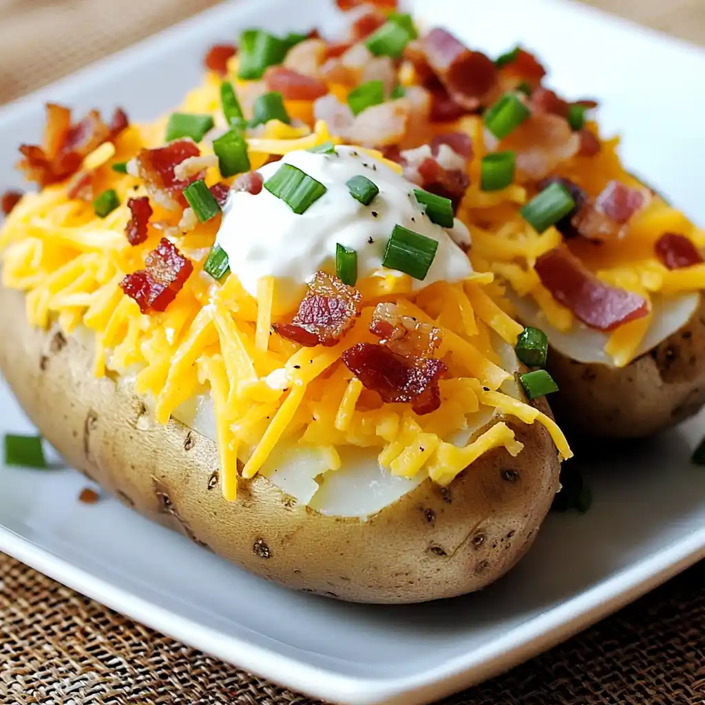 Baked potato topped with shredded cheddar cheese, crispy bacon bits, sour cream, and chopped green onions, served on a white plate for a delicious and hearty meal.