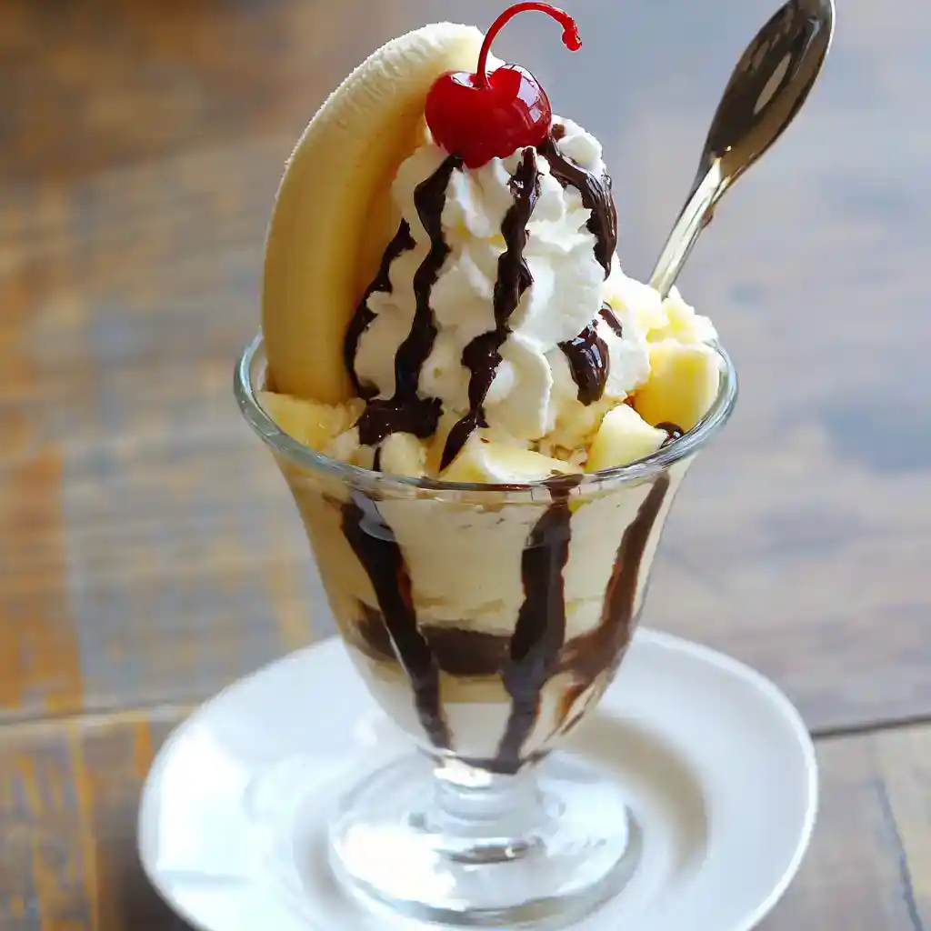 Sweet banana split sundae with whipped cream, chocolate drizzle, maraschino cherry, and vanilla ice cream served in a glass, perfect for dessert recipes and summer treats.