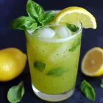 Fresh lemon basil cocktail with lime and ice in a glass, garnished with lemon and basil leaves, on a dark background for refreshing summer drinks and cocktail recipes.