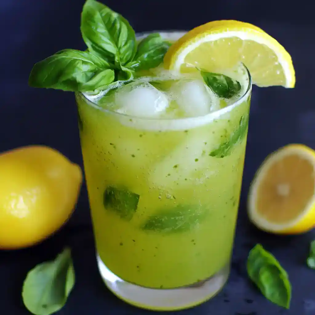 Fresh lemon basil cocktail with lime and ice in a glass, garnished with lemon and basil leaves, on a dark background for refreshing summer drinks and cocktail recipes.