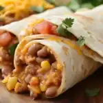 Soft taco with seasoned beef, beans, corn, and cheese topped with fresh cilantro on a wooden surface. Delicious homemade Mexican-style tacos perfect for weeknight dinners or casual gatherings.