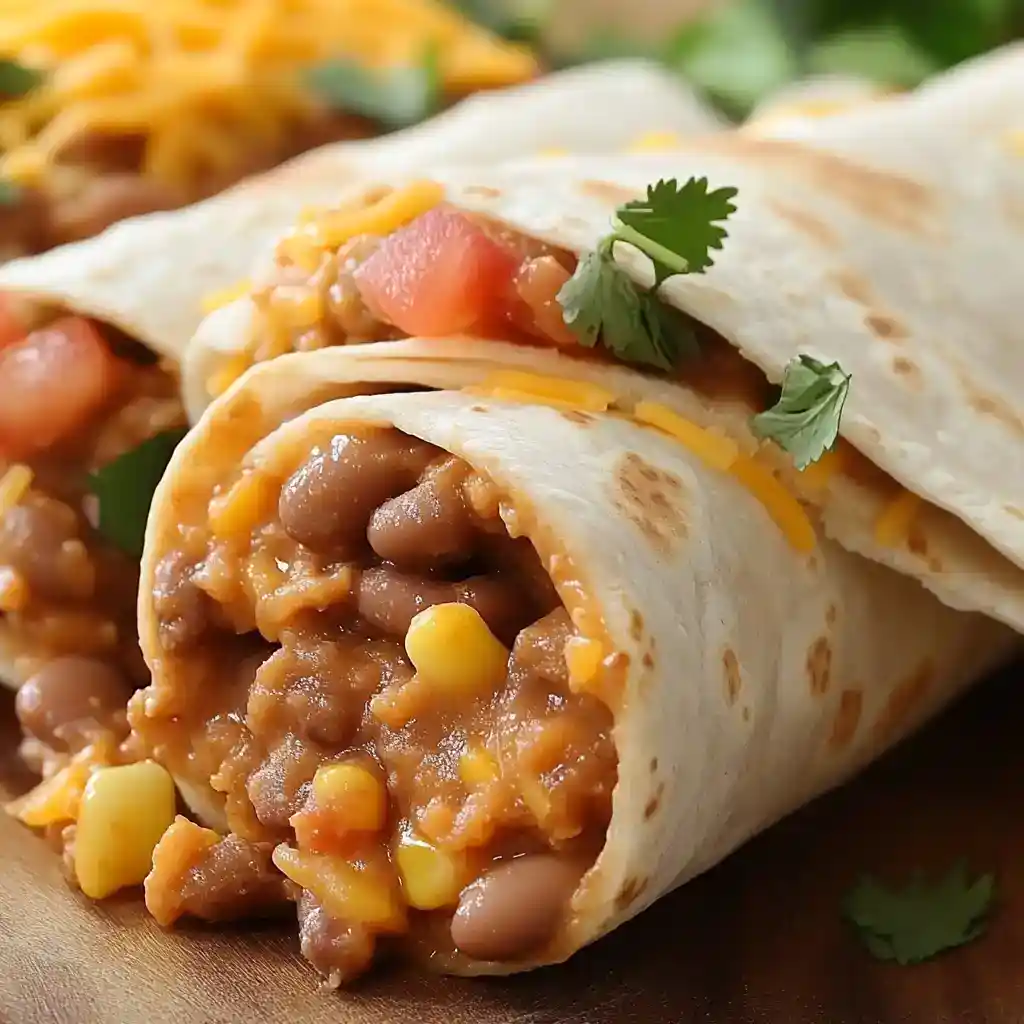 Soft taco with seasoned beef, beans, corn, and cheese topped with fresh cilantro on a wooden surface. Delicious homemade Mexican-style tacos perfect for weeknight dinners or casual gatherings.