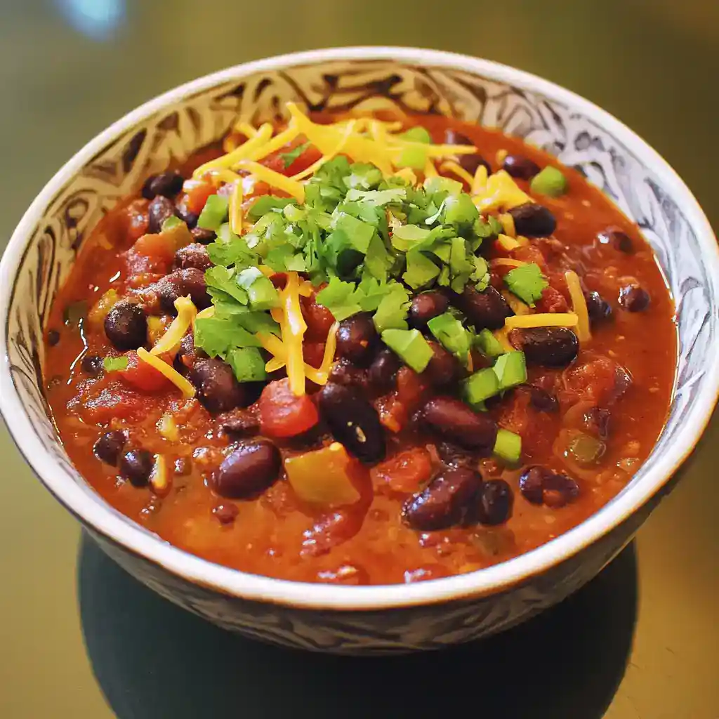1. Hearty vegetarian black bean chili in a decorative bowl, topped with chopped green onions and shredded cheese, perfect for healthy, easy dinner recipes.