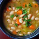 Creamy vegetable bean soup with carrots, celery, and fresh herbs in a cozy bowl, perfect for cold days or hearty meals.