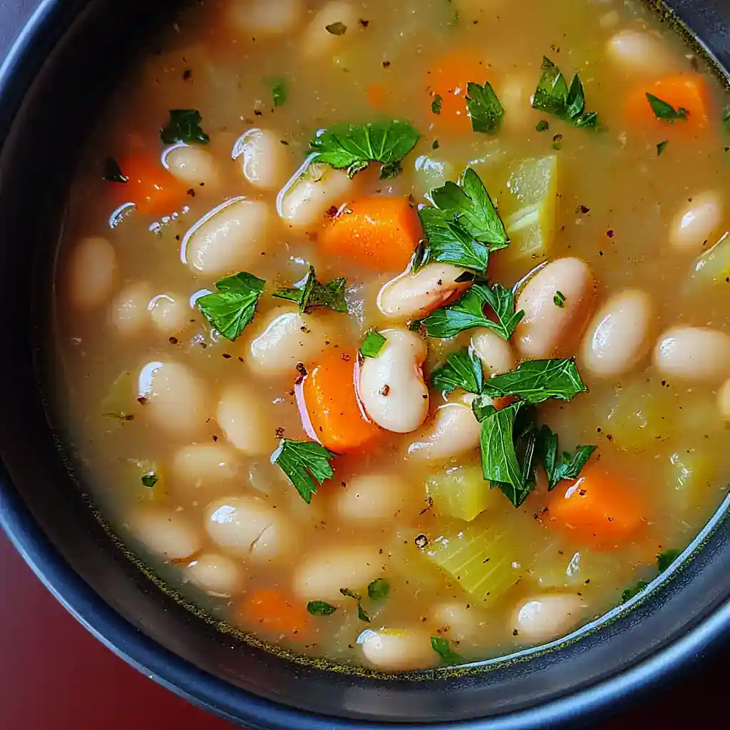 Creamy vegetable bean soup with carrots, celery, and fresh herbs in a cozy bowl, perfect for cold days or hearty meals.