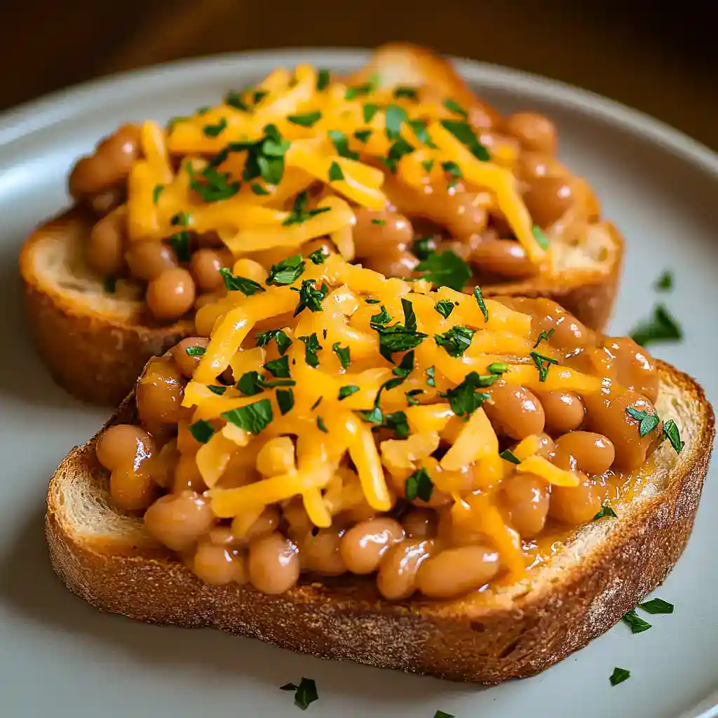 Savory baked beans on toasted bread topped with shredded cheddar cheese and chopped herbs. A hearty, delicious breakfast or snack option from Station Recipes.