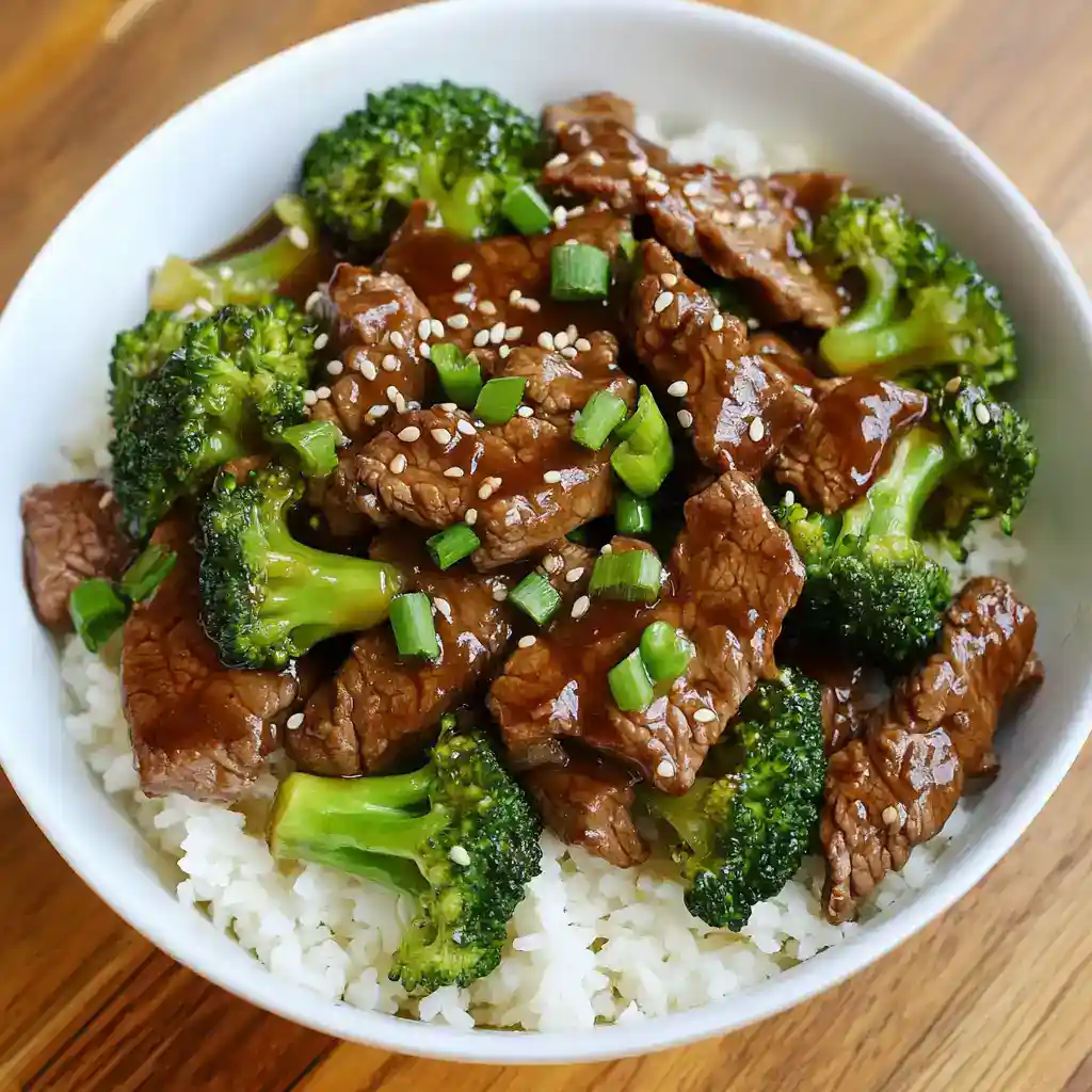 Juicy beef and fresh broccoli stir-fry served over fluffy white rice, garnished with chopped green onions and sesame seeds. Perfect for a quick, healthy Asian-inspired meal.