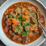 Hearty beef stew with tender meat, carrots, celery, and potatoes in a savory, rich gravy, perfect for comforting meals and cold weather.