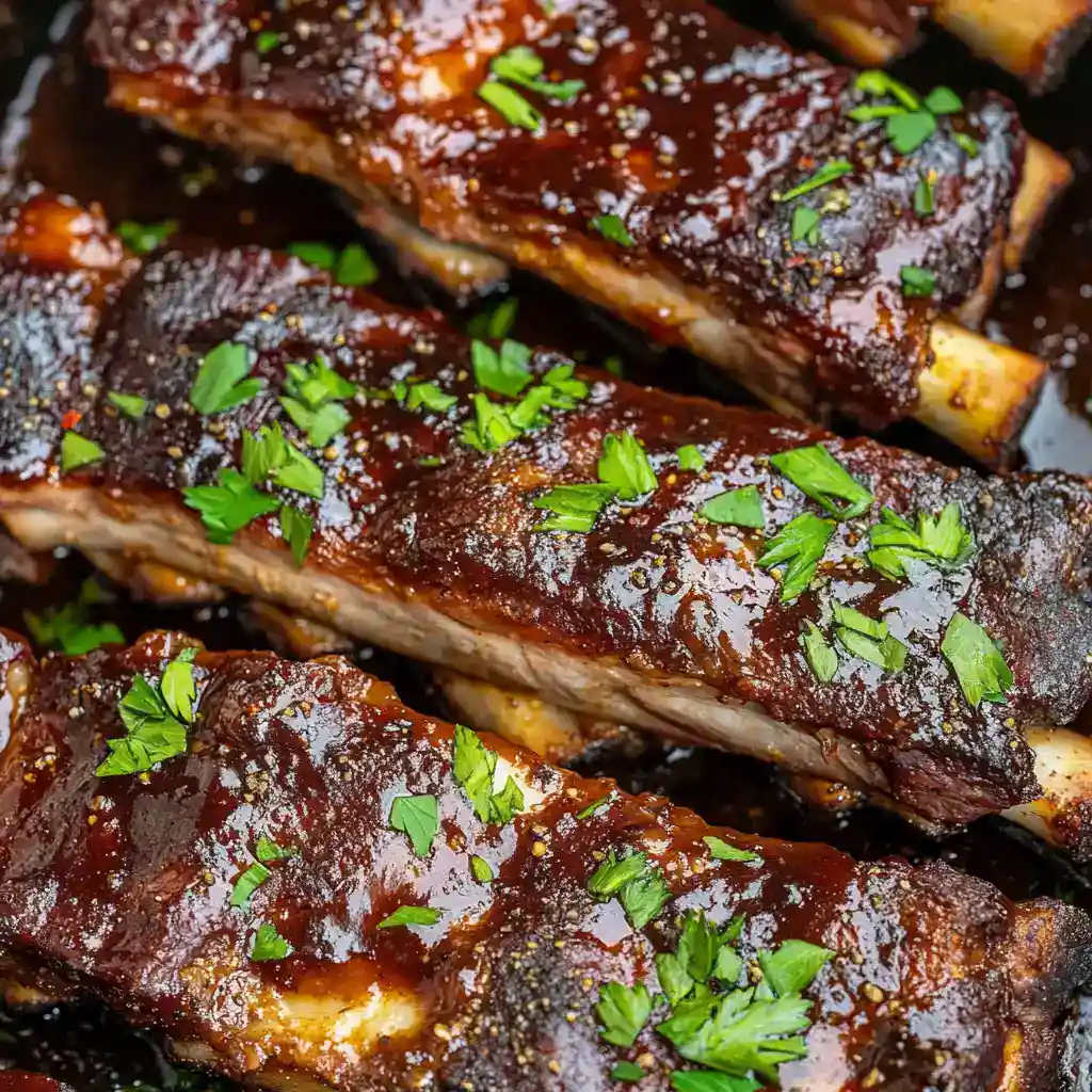 Braised short ribs with rich, smoky barbecue glaze topped with fresh chopped parsley, served hot. Perfect for family dinners or weekend cookouts, these tender beef ribs are full of flavor and easy to prepare.