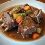 Slow-cooked beef short ribs with vegetables in rich broth, perfect for cozy dinners and family gatherings.