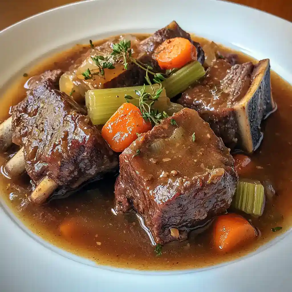 Slow-cooked beef short ribs with vegetables in rich broth, perfect for cozy dinners and family gatherings.