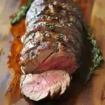 Juicy prime rib roast cooked to perfection with a flavorful herb crust, sliced to reveal tender medium-rare center, served on a rustic wooden board with fresh herbs.