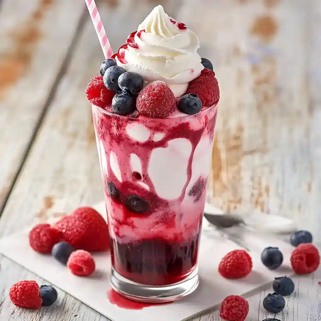 Fresh berry milkshake with whipped cream, blueberries, raspberries, and strawberry syrup served in a tall glass with a pink striped straw. Perfect for summer refreshment.